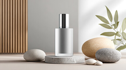 Minimalistische Stillleben mit neutralen Beauty- und Deko-Produkten wie Flaschen, Tiegeln, Kerzen und Etiketten-Mockups. Weiches Tageslicht, klare Formen und natürliche Materialien