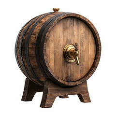 Fototapeta premium A weathered wooden barrel with metal hoops and a spigot isolated on transparent background