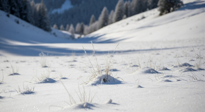 Winter landscape with snow-covered field and sparse grasses  