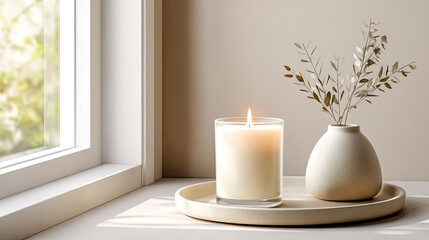 Minimalistische Stillleben mit neutralen Beauty- und Deko-Produkten wie Flaschen, Tiegeln, Kerzen und Etiketten-Mockups. Weiches Tageslicht, klare Formen und natürliche Materialien