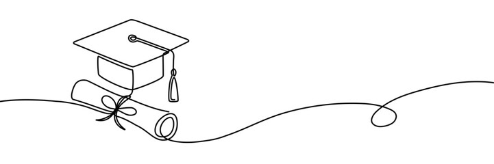Graduation cap and diploma certificate single continuous line art style. Minimalist education concept on white background for academic, university, and achievement themes