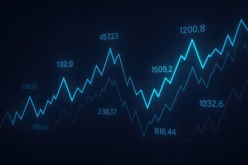 Financial market graphs showing upward and downward trends with trading data on a dark grid