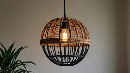 Boho Interior with Wicker Pendant Light and Rattan Mirror V3