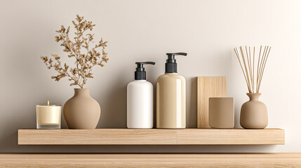 Minimalistische Stillleben mit neutralen Beauty- und Deko-Produkten wie Flaschen, Tiegeln, Kerzen und Etiketten-Mockups. Weiches Tageslicht, klare Formen und natürliche Materialien