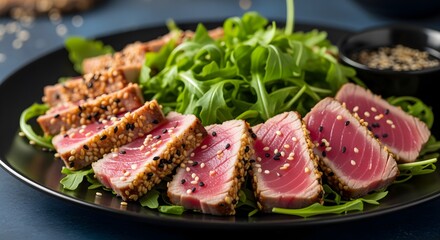 Exquisite seared ahi tuna slices, artfully arranged with a fresh, vibrant arugula salad and sprinkled with toasted sesame seeds, offering a healthy and gourmet culinary experience