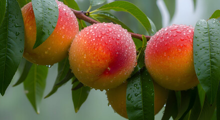 Dew drops adorn ripe peaches hanging on a branch