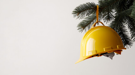 Festive construction: A yellow hard hat adorned with a Christmas tree branch, blending safety with holiday cheer. A whimsical, seasonal twist on workplace protection.