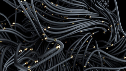 Shimmering braided cords with cinematic light, Highend braided conduit featuring shimmering gold particles illuminated by subtle cinematic lighting for luxury backgrounds
