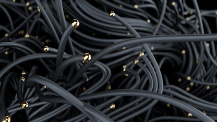 Chaotic tech visuals, Intricate network design featuring contrasting textures and hues, Complex web of dark cords accented by shimmering gold details and vibrant highlights