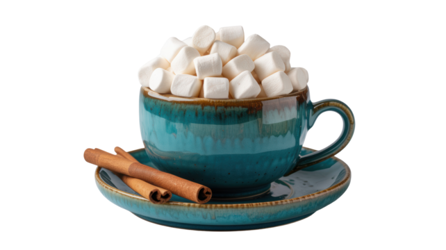 A warm and inviting turquoise ceramic mug filled with hot chocolate and topped with fluffy white marshmallows and cinnamon sticks on a saucer isolated on transparent background