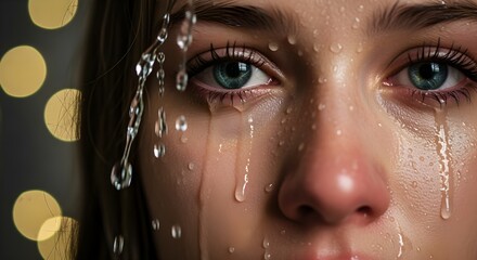 Close-up of a woman's emotional face, tears and water streaming, portraying profound sadness and vulnerability against soft background lights