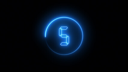 5 countdown neon blue circle isolated on black background