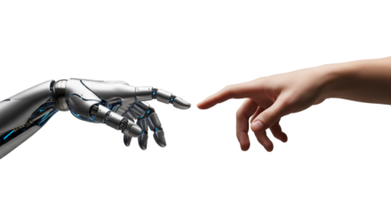 Robot and human hands about to touch, isolated on white