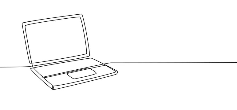Laptop minimalist single continuous one line art style on white background for education; programming; learning; online shoping; office work