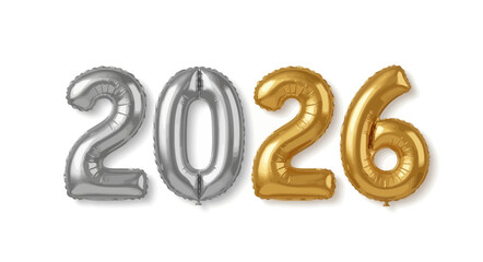 Festive 2026 New Year Balloons in Silver and Gold.
