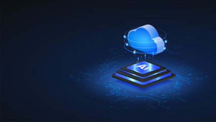 Ai cloud computing isometric vector illustration. Cloud Computing Technology Concept with Digital Data Storage.