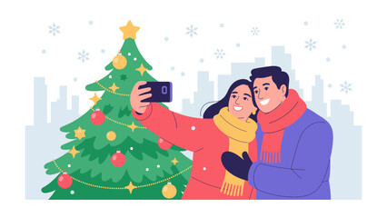 Festive Selfie: A joyful couple captures a heartwarming Christmas selfie, framed by a beautifully decorated tree against a backdrop of falling snowflakes, embodying holiday cheer.