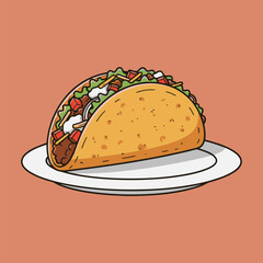 Delicious Hard Shell Taco Illustration on Plate with Orange Background