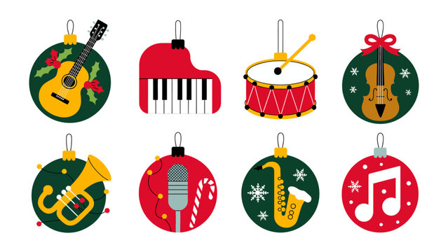 Musical Christmas Ornament: Festive musical ornaments ready to spread holiday cheer and harmonious melodies. Each ornament showcases various musical instruments, from classic guitar to saxophone.