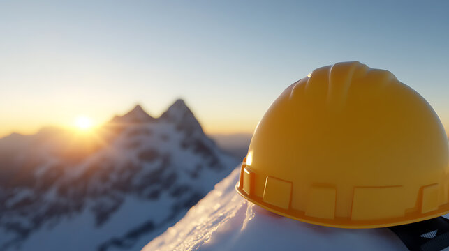 On top of the world! A yellow construction hat rests on a snowy mountaintop with a blurred sunset backdrop, symbolizing achievement and resilience in high-altitude projects.