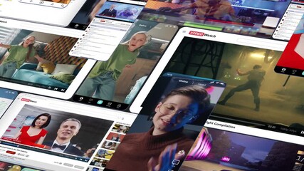 Multi Layered Collage of Screens Displaying Vlogs, News Reports, Streaming Feeds, and Stock Market Charts. Concept Digital Saturation, Modern Media Consumption, Information Overload, Online Lifestyle.