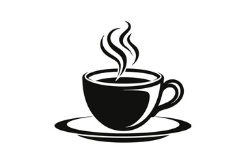Fototapeta premium Stylized black silhouette of a steaming hot coffee cup with saucer, isolated on a white background vector icon design element
