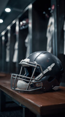American football helmet resting on locker room bench. Vertical photo