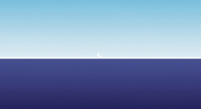 Minimalist Marian Landscape: A horizontal composition: A clean white line (horizon) separates a soft blue sky from a deeper blue foreground. A tiny, minimalist crescent moon symbol rests on the horizo
