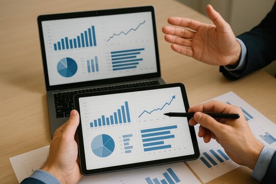 Analyzing financial charts on tablet and laptop for business growth strategies and investment planning