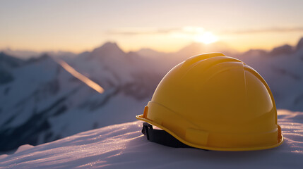 On a snowy mountain, a yellow safety helmet rests, symbolizing protection against the elements. It reflects a work-life balance, juxtaposing labor with the serene sunset view.