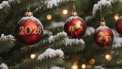 Red christmas baubles with golden horse symbol and year 2026 on evergreen branches in winter snowfall