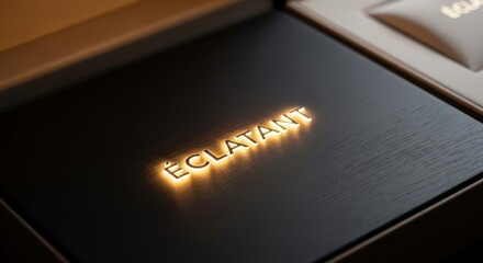 Luxurious illuminated Éclatant logo on dark textured surface, exuding premium quality and sophisticated brand presence