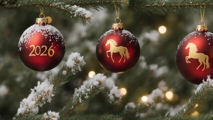Festive red christmas balls with golden horse symbols and year 2026 on snowy fir branch