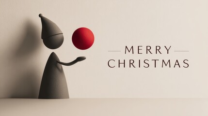 Minimalist Christmas greeting card with a playful character and red ornament