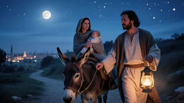 Joseph and Mary Flee to Egypt with Baby Jesus Under the Cover of Night