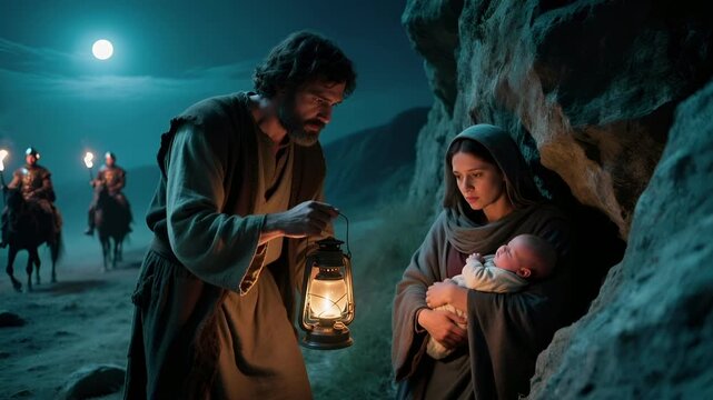 Joseph and Mary Flee to Egypt with Baby Jesus Under the Cover of Night