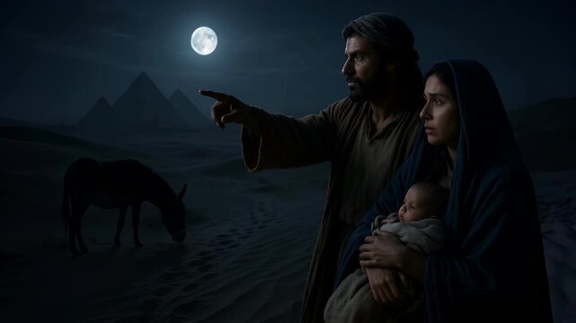 Joseph and Mary Flee to Egypt with Baby Jesus Under the Cover of Night