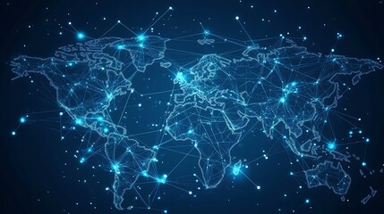 Abstract digital network of glowing blue connections and nodes representing global data flow and technology on a dark background