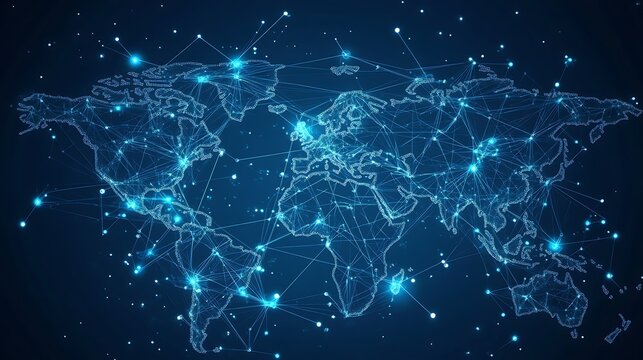 Abstract digital network of glowing blue connections and nodes representing global data flow and technology on a dark background