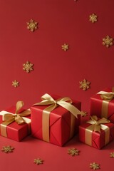 Fototapeta premium Vibrant Christmas Red Background with Golden Ribbons and Gift Boxes