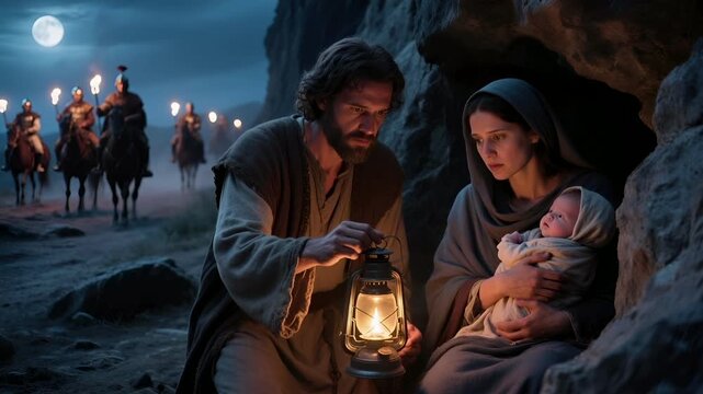 Joseph and Mary Flee to Egypt with Baby Jesus Under the Cover of Night