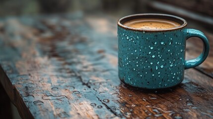 hand drip on wooden table with aged wood texture, enamel mug, and retro grains, vintage film look 