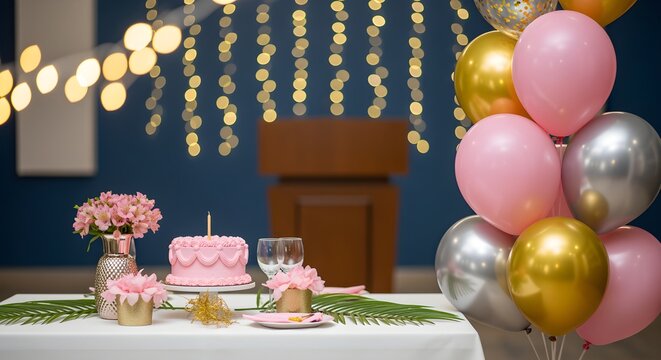 Festive table set for a joyous birthday celebration featuring a pink cake, vibrant balloons, and sparkling string lights creating a magical ambiance