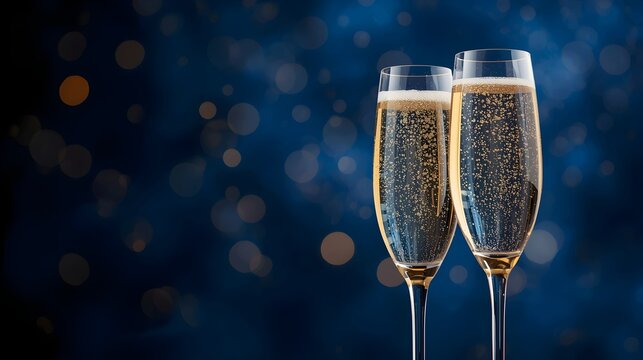 Two elegant champagne flutes filled with bubbly golden champagne stand ready for a celebration against a dark blue bokeh background