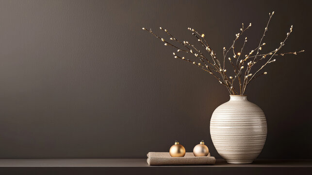Christmas decoration with elegant ceramic vase, golden ornament, branch, towel and minimal brown background create calm festive mood