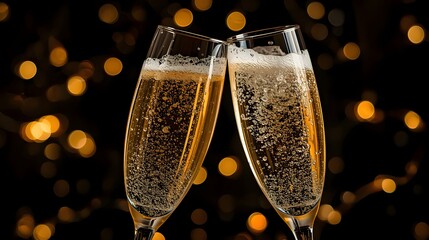 Two elegant champagne flutes clinking together in a celebratory toast with a bokeh background of warm golden lights