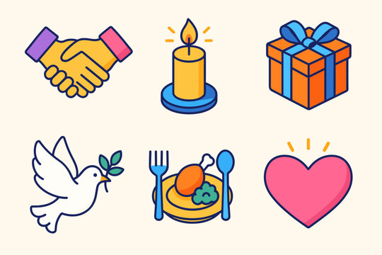 Peaceful Unity Icons. Together in Peace modern flat icon set: joined hands, candlelight, gift box, shared meal, dove symbol, glowing heart.