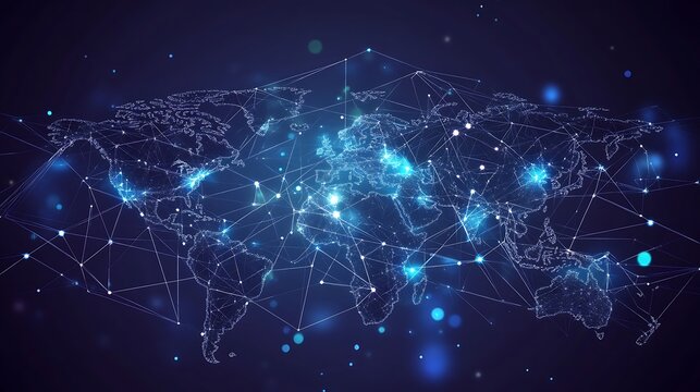 Abstract glowing blue digital network of interconnected nodes and lines representing data flow and artificial intelligence - Powered by Adobe