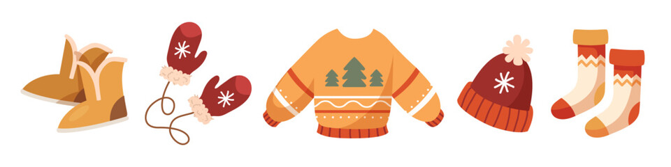 Vector illustration of cozy winter clothing set with boots, red mittens, ornament sweater, warm hat with pom-pom and socks isolated on white background.