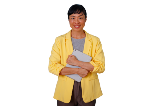 Asian businesswoman smiling and holding a digital tablet portraying confidence, technology, and success on a transparent background - Powered by Adobe